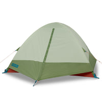 Kelty Discovery Trail 3 tent, front view, with fly attached and door closed