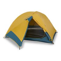 Kelty Far Out 3 tent, shown with fly on and partially rolled back
