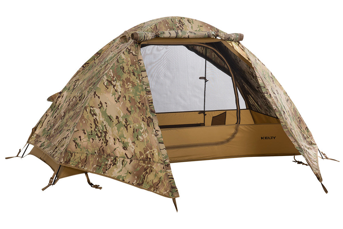 Kelty 1 Man Field Tent Multicam with rain fly attached and opened